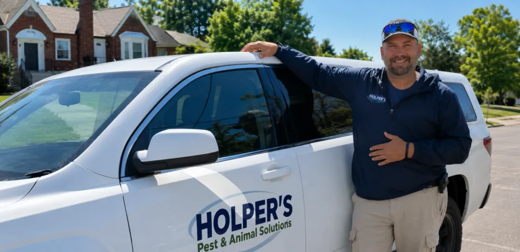 Technician in company jacket leaning on white Holper's Pest & Animal Solutions truck in a residential neighborhood
