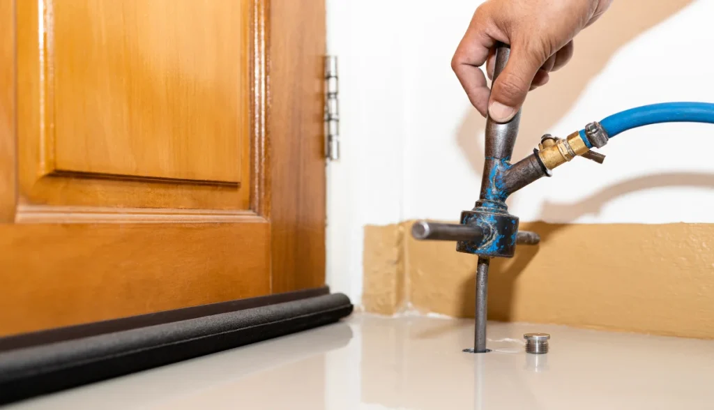 Hand operating an injection rod and hose injecting treatment through a drilled hole in a concrete slab near a door threshold